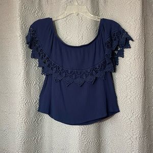 Ambiance Navy Blue Off the Shoulder Lace Blouse